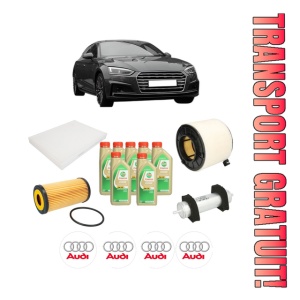 Set Pachet filtre revizie Bosch, 7 litrii ulei Castrol 5W30 AUDI A5 (F53, F5P) 3.0 TDI quattro din 2017-2020, 4x Stickere auto cu AUDI
