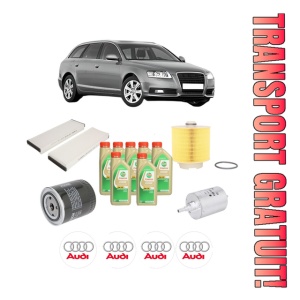 Set Pachet filtre revizie Bosch, 7 litrii ulei Castrol 5W30 AUDI A6 C6 Avant (4F5) 3.0 quattro din 2005-2006, 4x Stickere auto cu AUDI