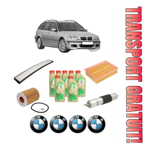 Set Pachet filtre revizie Bosch, 7 litrii ulei Castrol 5W30 BMW Seria 3 Touring (E46) 320 i din 2000-2005, 4x Stickere auto cu BMW