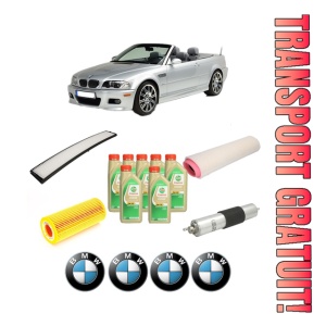 Set Pachet filtre revizie Bosch, 7 litrii ulei Castrol 5W30 BMW Seria 3 Convertible (E46) 330 Cd din 2005-2007, 4x Stickere auto cu BMW