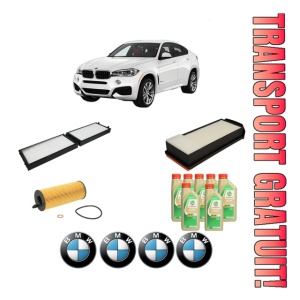 Set Pachet filtre revizie Bosch, 7 litrii ulei Castrol 5W30 BMW Seria X6 (F16, F86) M 50 d din 2014-2019, 4x Stickere auto cu BMW