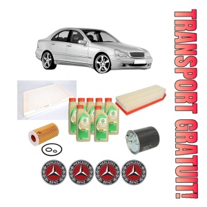 Set Pachet filtre revizie Bosch, 7 litrii ulei Castrol 5W30 MERCEDES-BENZ C-CLASS (W203) C 220 CDI (203.006, 203.008) din 2000-2007, 4x Stickere auto cu MERCEDES-BENZ