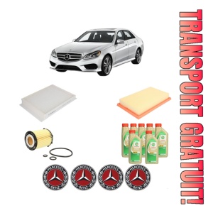 Set Pachet filtre revizie Bosch, 7 litrii ulei Castrol 5W30 MERCEDES-BENZ E-CLASS (W213) E 200 4-matic (213.043) din 2016-2019, 4x Stickere auto cu MERCEDES-BENZ