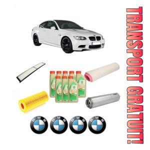 Set Pachet filtre revizie Bosch, 8 litrii ulei Castrol 5W30 BMW Seria 3 Coupe (E92) 330 xd din 2006-2008, 4x Stickere auto cu BMW