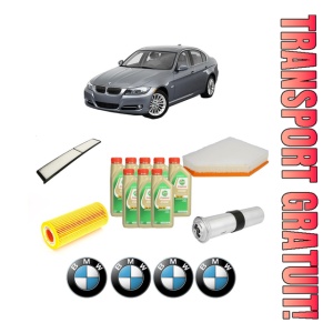 Set Pachet filtre revizie Bosch, 8 litrii ulei Castrol 5W30 BMW Seria 3 (E90) 325 d din 2010-2011, 4x Stickere auto cu BMW
