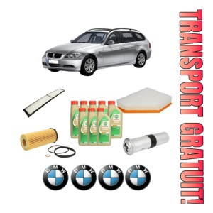 Set Pachet filtre revizie Bosch, 8 litrii ulei Castrol 5W30 BMW Seria 3 Touring (E91) 325 d din 2010-2012, 4x Stickere auto cu BMW