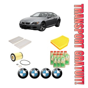 Set Pachet filtre revizie Bosch, 8 litrii ulei Castrol 5W30 BMW Seria 6 (E63) 645 Ci din 2003-2005, 4x Stickere auto cu BMW