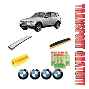 Set Pachet filtre revizie Bosch, 8 litrii ulei Castrol 5W30 BMW Seria X3 (E83) xDrive 30 d din 2008-2010, 4x Stickere auto cu BMW