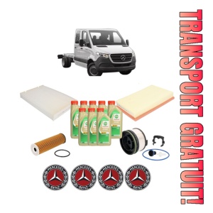 Set Pachet filtre revizie Bosch, 8 litrii ulei Castrol 5W30 MERCEDES-BENZ SPRINTER 4-t Platform/Chassis (B907, B910) 415 CDI (910.040) din 2020, 4x Stickere auto cu MERCEDES-BENZ