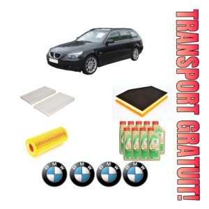 Set Pachet filtre revizie Bosch, 9 litrii ulei Castrol 5W30 BMW Seria 5 Touring (E61) 535 d din 2004-2010, 4x Stickere auto cu BMW