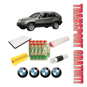 Set Pachet filtre revizie Bosch, 9 litrii ulei Castrol 5W40 BMW Seria X5 (E53) 3.0 d din 2003-2006, 4x Stickere auto cu BMW