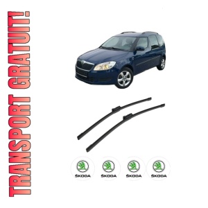 Set stergatoare auto SKODA ROOMSTER (5J7) din 2006-2015, pentru parbriz auto, 2 bucati, Bosch Aerotwin, din cauciuc siliconat rezistent, 4 Stickere Auto SKODA