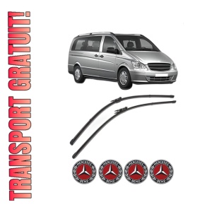 Set stergatoare MERCEDES-BENZ VITO Bus (W639) din 2003-2014, pentru parbriz auto, 2 bucati, Valeo Silencio Xtrm, din cauciuc siliconat rezistent, 4 Stickere Auto MERCEDES-BENZ