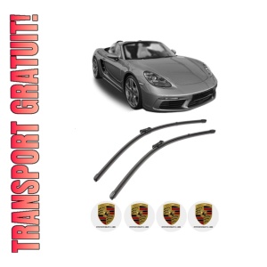 Set stergatoare PORSCHE 718 BOXSTER (982) din 2016-2019, pentru parbriz auto, 2 bucati, Valeo Silencio, din cauciuc siliconat rezistent, 4 Stickere Auto PORSCHE