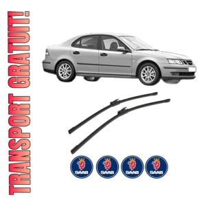 Set stergatoare SAAB 9-3 (YS3F, E79, D79, D75) din 2002-2015, pentru parbriz auto, 2 bucati, Bosch Aerotwin, din cauciuc siliconat rezistent, 4 Stickere Auto SAAB