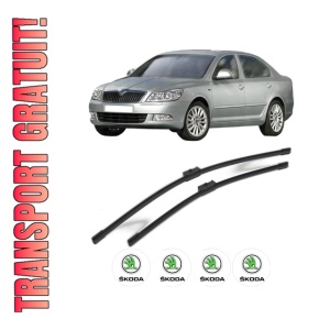 Set stergatoare SKODA Octavia II (1Z3) din 2004-2013, pentru parbriz auto, 2 bucati, Bosch Aerotwin, din cauciuc siliconat rezistent, 4 Stickere Auto SKODA