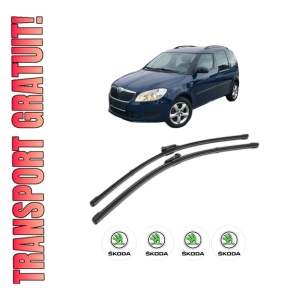 Set stergatoare SKODA ROOMSTER (5J7) din 2006-2015, pentru parbriz auto, 2 bucati, Valeo Silencio Xtrm, din cauciuc siliconat rezistent, 4 Stickere Auto SKODA