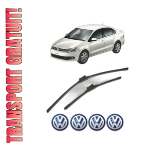 Set stergatoare Volkswagen POLO V Saloon (602, 604, 612, 614) din 2010-2022, pentru parbriz auto, 2 bucati, Bosch Aerotwin, din cauciuc siliconat rezistent, 4 Stickere Auto Volkswagen