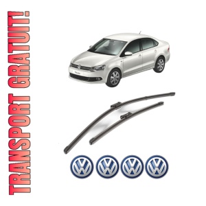 Set stergatoare Volkswagen POLO V Saloon (602, 604, 612, 614) din 2010-2022, pentru parbriz auto, 2 bucati, Valeo Silencio Xtrm, din cauciuc siliconat rezistent, 4 Stickere Auto Volkswagen