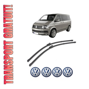 Set stergatoare Volkswagen TRANSPORTER T5 Bus (7HB, 7HJ, 7EB, 7EJ) din 2003-2015, pentru parbriz auto, 2 bucati, Valeo Silencio, din cauciuc siliconat rezistent, 4 Stickere Auto Volkswagen
