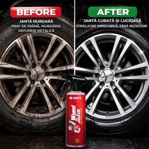 Solutie curatare jante AMOS Wheel Shine, curatare si ingrijire, indeparteaza praf de frana si particule metalice, indicator violet, fara reziduuri, cantitate 500 ml - Img 3