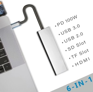 HUB USB-C 6-in-1,4K HDMI, 100W PD, USB 3.0 5Gbps, USB 2.0 cititor card SD/TF - Img 3