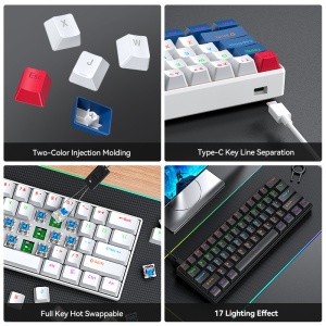 Tastatura Mecanica Gaming, 60%, Lumini LED RGB editabile, 63 taste, cu cablu Type-C, Switch-uri Blue Axis, USB-C, Anti-Ghosting, Compacta, Portabila, Negru - Img 4