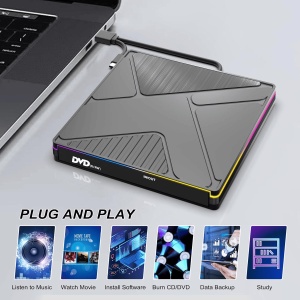 DVD writer extern RGB, DVD/CD/VCD +/-RW, suport M-DISC, Cablu USB 3.0/Type-c, Compatibil Laptop/Desktop/Macbook/iMac - Img 3