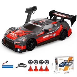 Masina cu telecomanda RC, Nissan GT-R Rosu, Drift car, 30km/h, 4x4, lumini LED, cauciucuri interschimbabile
