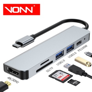 HUB USB-C 6-in-1,4K HDMI, 100W PD, USB 3.0 5Gbps, USB 2.0 cititor card SD/TF - Img 2