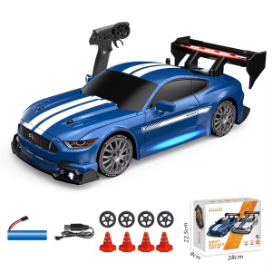 Masina cu telecomanda RC, Mustang albastru, Drift car, 30km/h, 4x4, lumini LED, cauciucuri interschimbabile