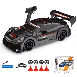 Masina cu telecomanda RC, Nissan GT-R Negru, Drift car, 30km/h, 4x4, lumini LED, cauciucuri interschimbabile
