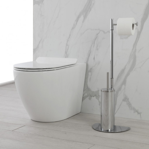 Suport vertical pentru hartie si perie wc, argintiu, h 76 cm