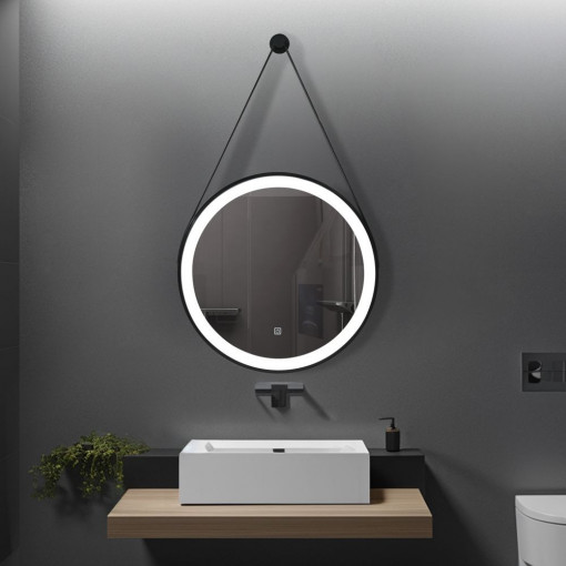 Oglinda rotunda cu led si buton touch, cu rama neagra din aluminiu, chinga din piele ecologica, diametru 60cm