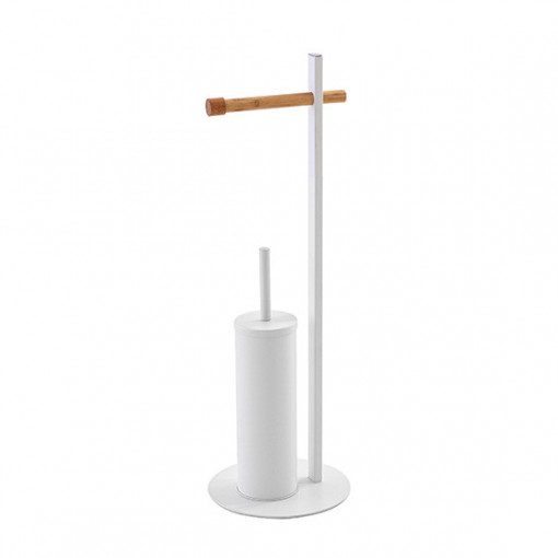 Suport vertical pentru hartie si perie wc, alb, otel cromat, bambus, h 67cm
