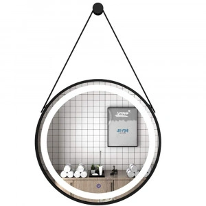 Oglinda rotunda cu led si buton touch, cu rama neagra din aluminiu, chinga din piele ecologica, diametru 60cm