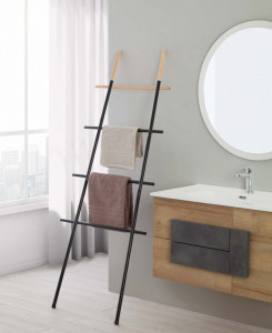 Suport vertical pentru prosoape tip scara, negru, otel si lemn, h 170 cm - Img 1