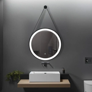 Oglinda rotunda cu led si buton touch, cu rama neagra din aluminiu, chinga din piele ecologica, diametru 60cm - Img 2