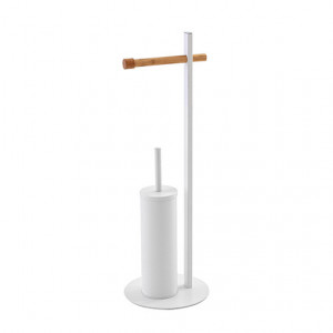 Suport vertical pentru hartie si perie wc, alb, otel cromat, bambus, h 67cm