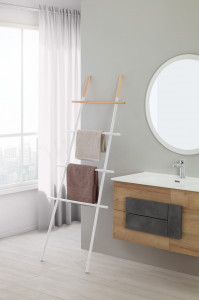 Suport vertical pentru prosoape tip scara, alb, otel si lemn, h 170 cm - Img 1
