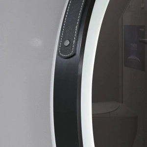 Oglinda rotunda cu led si buton touch, cu rama neagra din aluminiu, chinga din piele ecologica, diametru 60cm - Img 4