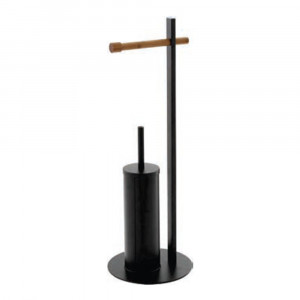Suport vertical pentru hartie si perie wc, negru, otel cromat, bambus, h 67cm