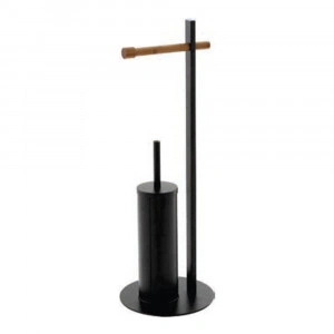 Suport vertical pentru hartie si perie wc, negru, otel cromat, bambus, h 67cm