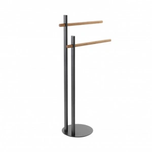 Suport prosoape, negru, din otel cromat si cu 2 brate din bambus, h 80.5cm