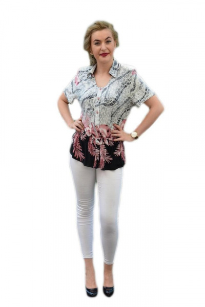 Camasa dama, din bumbac, negru-pudra, cu elastic lejer in talie