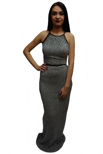 Rochie de ocazie, model lung cu design de paiete mici, argintie