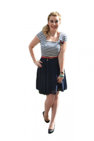 Rochie eleganta cu dungi orizontale, fusta vaporoasa, bleumarin