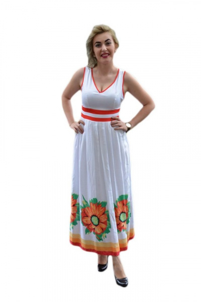 Rochie lunga de zi, culoare alba cu imprimeu de flori si dungi