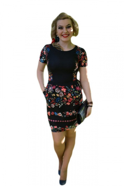 Rochie neagra, imprimeu cu aspect de broderie multicolora