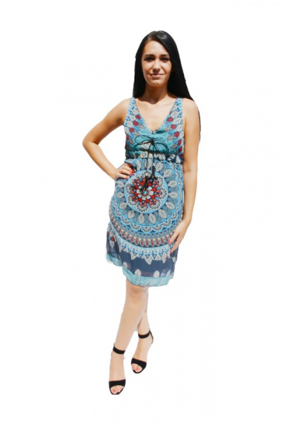 Rochie vaporoasa de vara cu decolteu in V, imprimeu bleumarin